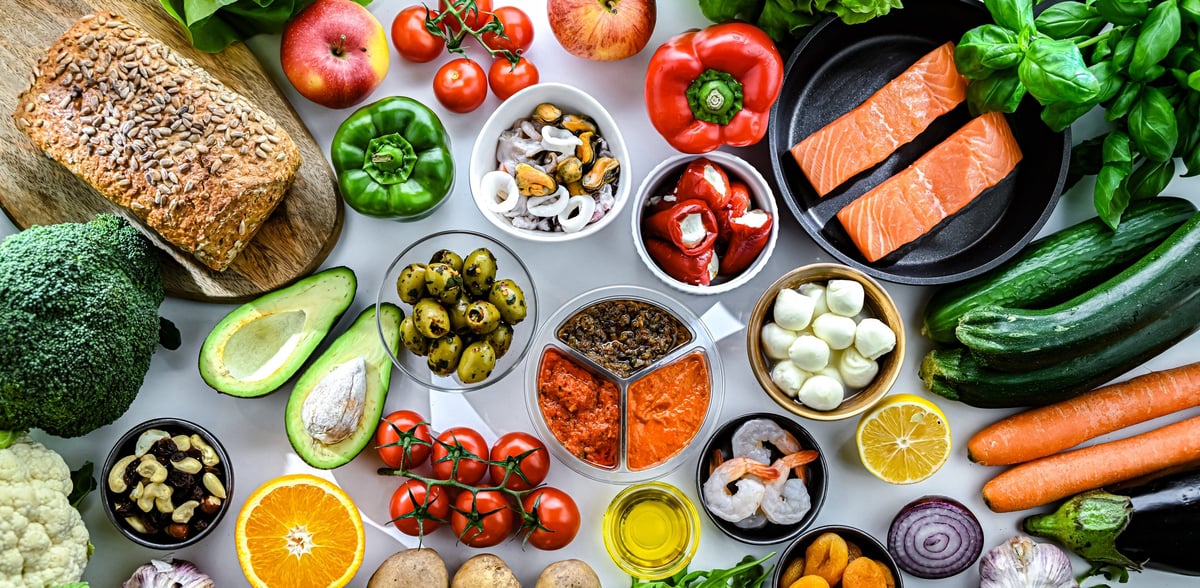 Food products representing the Mediterranean diet