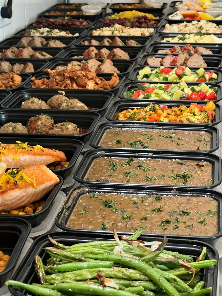 Buffet display with multiple black trays of prepared foods including salmon, meatballs, vegetables, salads, and grains