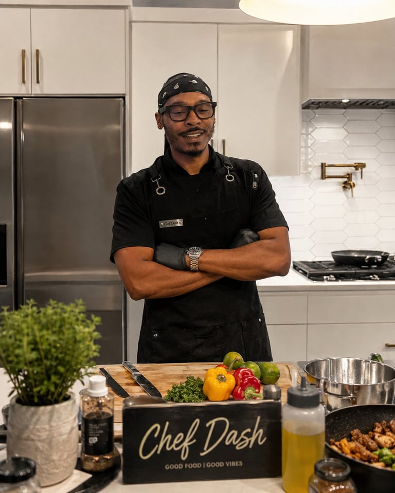 Chef in black apron and cap standing in modern kitchen with arms crossed, ingredients and Chef Dash nameplate visible on counter