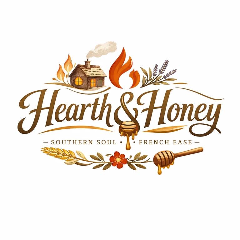 Hearth and Honey logo featuring rustic cabin, torch, wheat, honey dipper, and text reading Southern Soul French Ease
