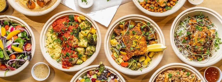Overhead view of multiple colorful dishes with vegetables, grains, and proteins arranged on a light beige surface with small bowls of sauce