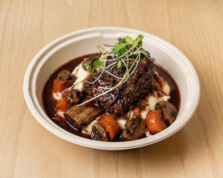 Braised beef in dark sauce with vegetables and microgreens in a white bowl on wooden surface