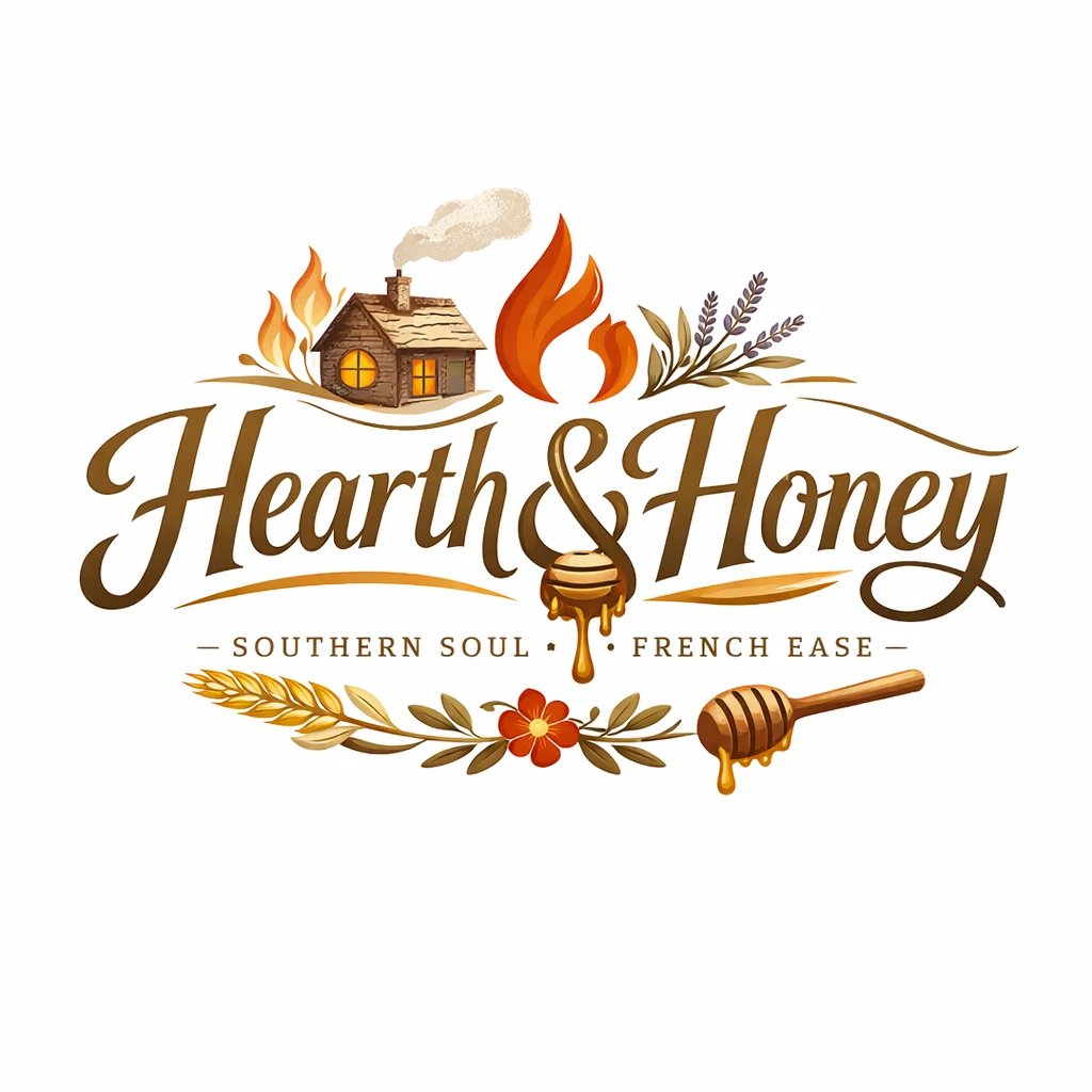 Hearth and Honey logo featuring a cabin, torch flame, wheat, and honey dipper with Southern Soul French Ease tagline