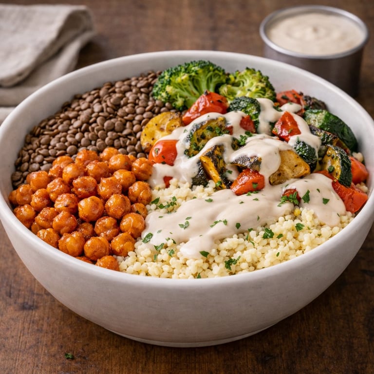 A colorful grain bowl with roasted chickpeas, broccoli, peppers, cauliflower, and quinoa, topped with white sauce and fresh herbs.