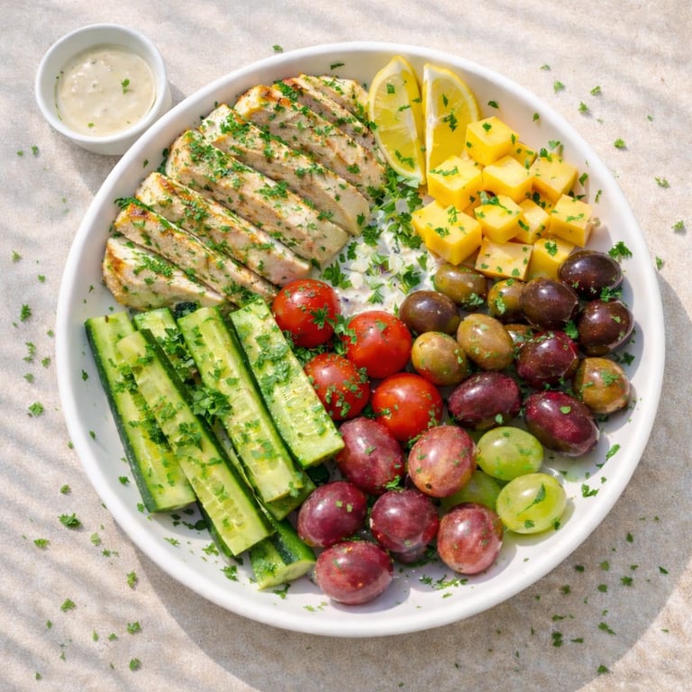 Arranged charcuterie platter with sliced chicken, cubed cheese, fresh vegetables, grapes, and a creamy dip on white plate