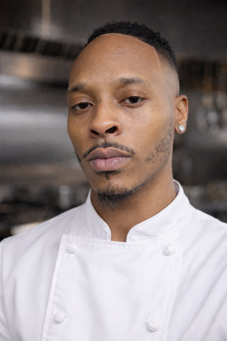Chef Dash in white chefs coat, professional kitchen setting